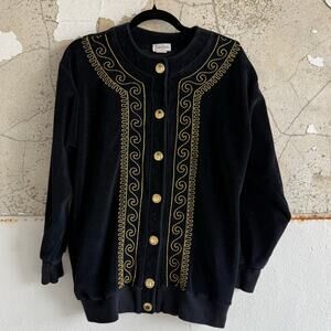 Vintage Neiman Marcus Cardigan Black Velvet Gold Embroidery Made in USA Womens S